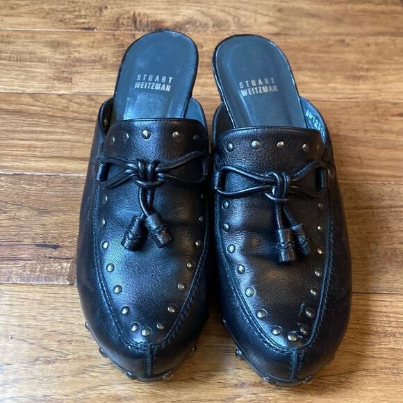 STUART Weitzman Black Leather Studded Heeled Mules Size 8 - Picture 4 of 11